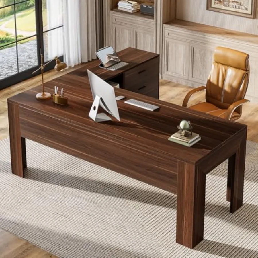Home office L-shaped desk with file cabinet: engineered wood, white, spacious 63-inch workspace with rolling filing cabinet, dr
