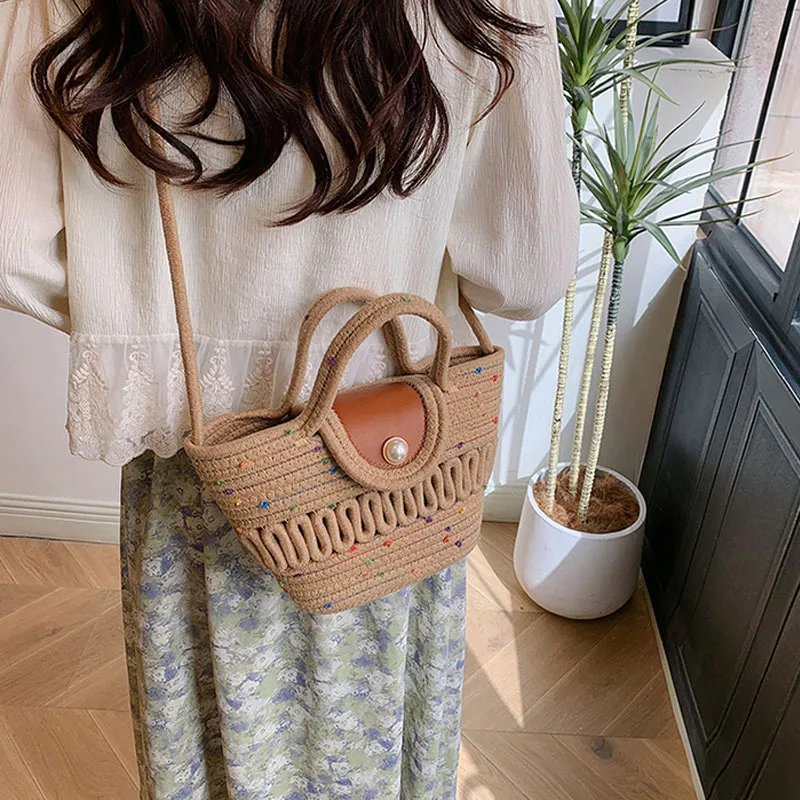 

Summer Shoulder Bag Handwoven Straw Travel Tote Bag Large Capacity Soft Square Basket Bag Trendy Versatile Buckle Latch Handbag