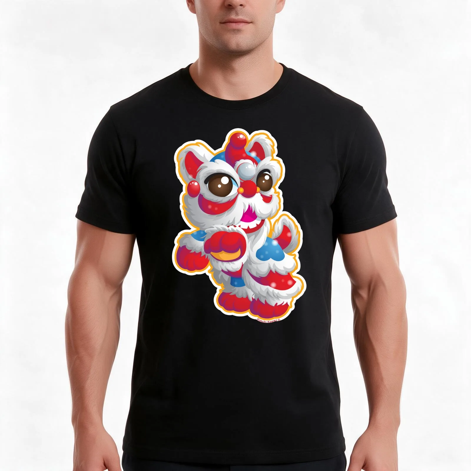 Cute Lion Dancer T-Shirt, Summer Casual Cotton Tee, Oversized Streetwear Tops, Vintage Graphic Print, Loose Fit Short Sleeve
