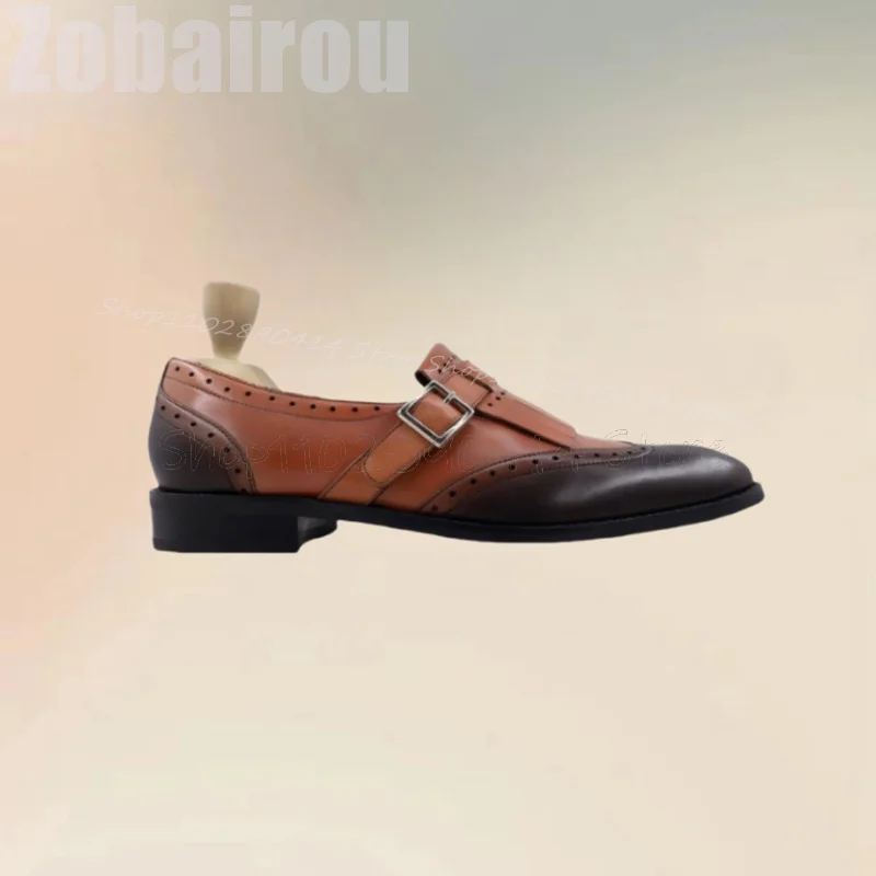 

Brown Carving Design Buckle Tassels Decor Loafers Fashion Slip On Men Shoes Luxury Handmade Party Feast Office Men Dress Shoes