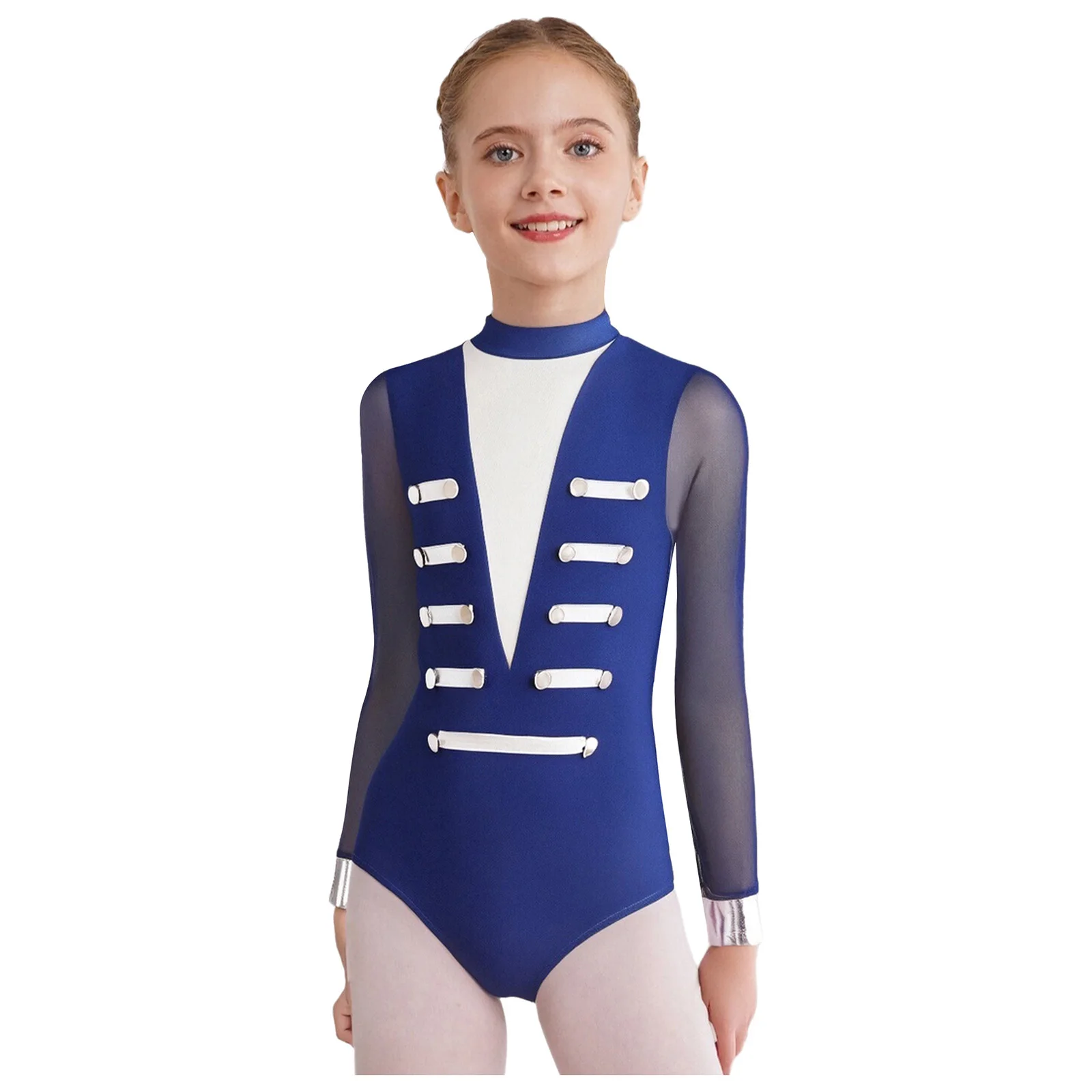 

Kids Girls Acrobatics Gymnastics Leotard Figure Skating Dance Costume Metallic Stripes Sheer Mesh Long Sleeves Buttons Bodysuit