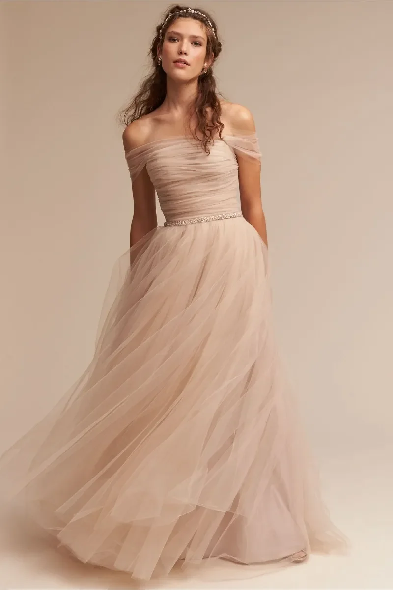 Nude  Wedding Dresses Off The Shoulder Delicate Sash Bridal Gowns Floor Length A Line Backless Wedding Gown