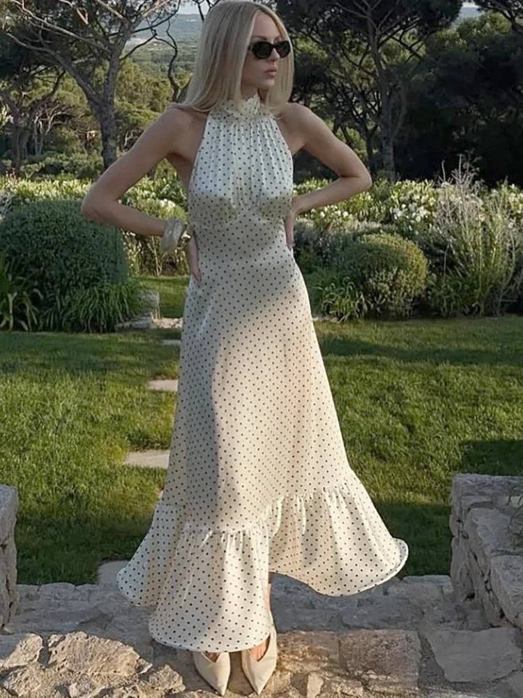 セクシーな背中の開いたプリント水玉ホルター女性マキシドレスサテンレースアップドレス夏スキニーエレガントパーティーイブニングドレス