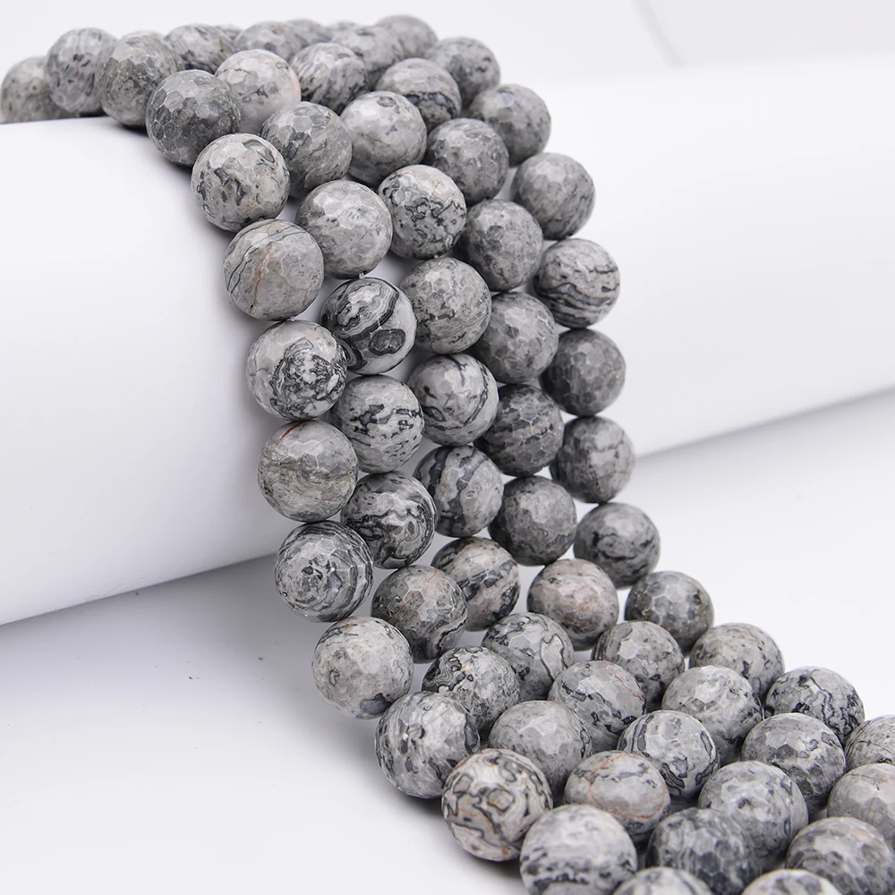 APDGG 18mm Natural Gray Picture Gems Faceted Round Loose Stone Beads 15.5'' Jewelry Making DIY