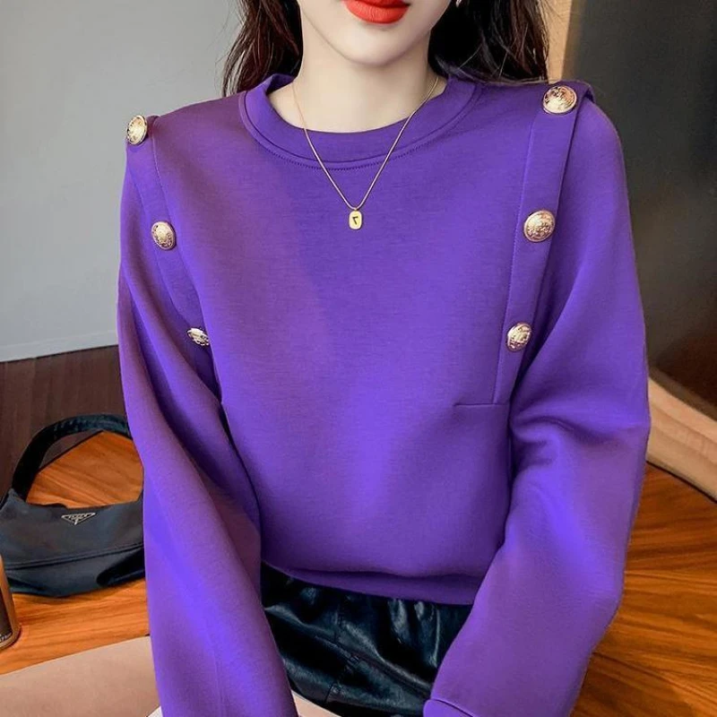 Office Lady Spring Autumn Women\'s Clothing Button Round Neck Solid Color Lantern Long Sleeve Hoodies Casual Loose Elegant Tops