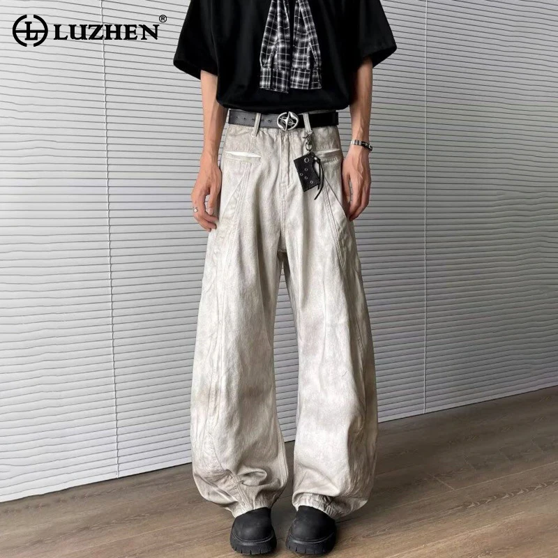 

LUZHEN Wornout винтажные потертые широкие повседневные джинсы с галстуком, мужские повседневные джинсы 2025 года, новые модные свободные джинсовые брюки высокого качества в Корейском стиле JY3600