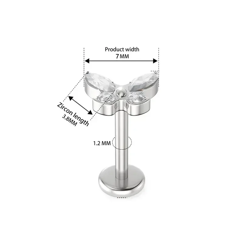 مجوهرات ثقب الجسم من التيتانيوم ، فراشة مثيرة ، خيط داخلي ، شفة ، أنف ، أذن ، غضروف ، زركون ، أنثى ، 16 جم ، 18 جم ، ASTM F136 ، 5A #2