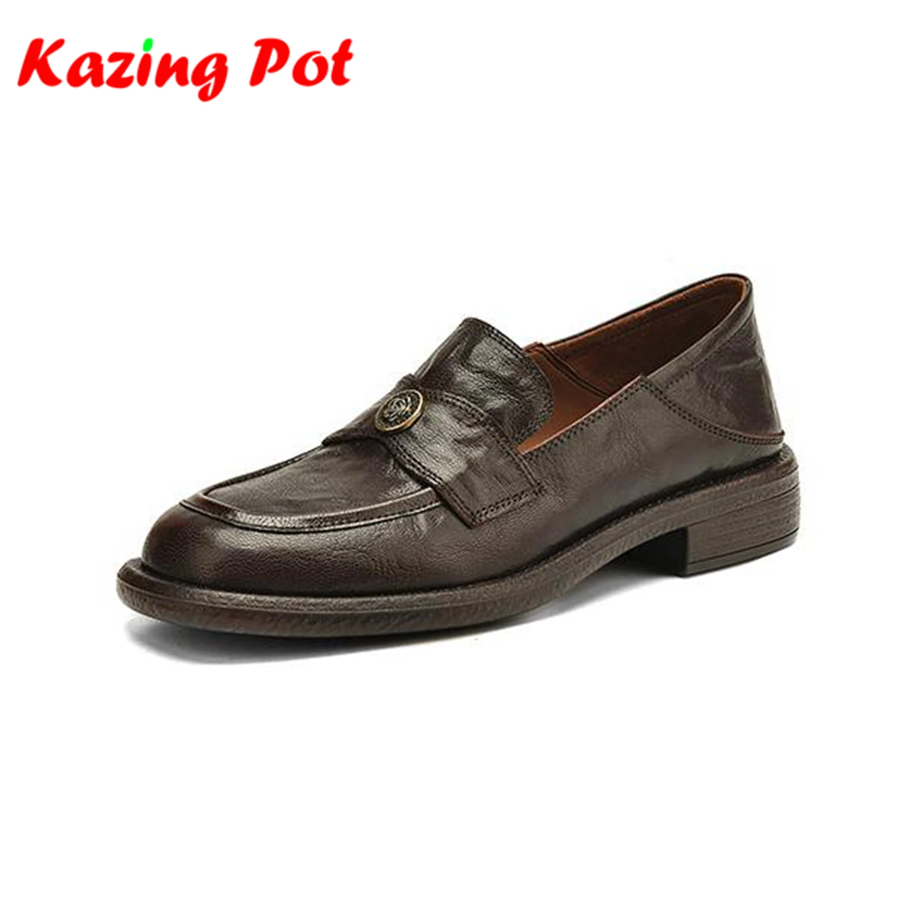 

Krazing Pot Sheepskin Vintage Round Toe Autumn Oxford Shoes Med Heels Deep Mouth Loafers Black Brown Metal Flowers Women Pumps