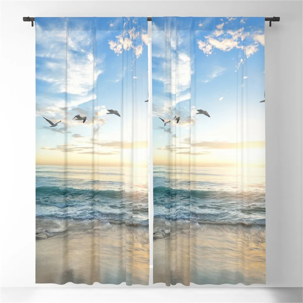 Big Sea Beach Scenery Seagull Curtains Seaside Blue Sky White Cloud Curtains 2Pcs Living Room Bedroom Balcony Window Decor