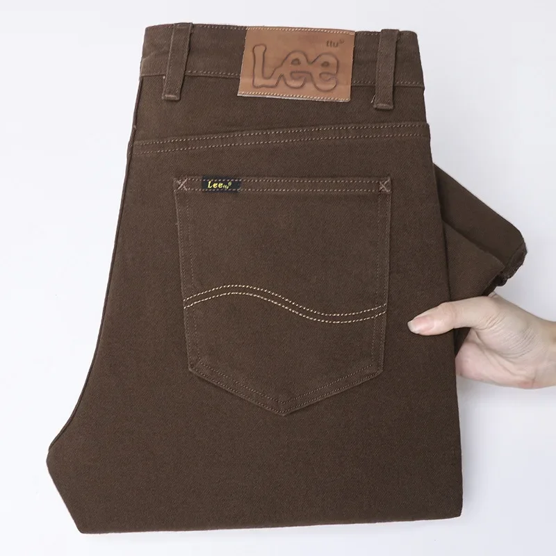 ارتفاع الخصر لون القهوة الرجال الجينز عادية مستقيم الساق مطاطا سليم صالح الخريف الشتاء نمط جديد خفيفة الوزن الفاخرة الترفيه #2