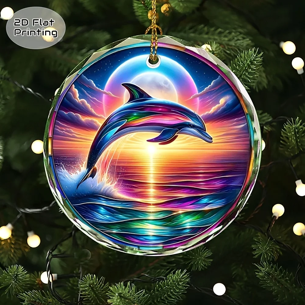 

Christmas crystal decorations with rainbow dolphins jumping out of the sea, sunset moonrise, gold ribbon gift box, elegant