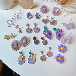 2025 Unique Design Purple Flowers Butterfly Drop Earrings For Women Sweet Fairy Mystery Shiny Crystal Resin Yarn Earring Jewelry