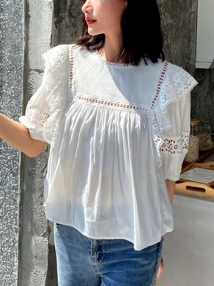 GypsyLady Elegant Chic White Blouse Shirt Cotton Lace Patchwork Hollow Out Women Blouse Trims Sheer Sexy Ladies Summer Top Shirt