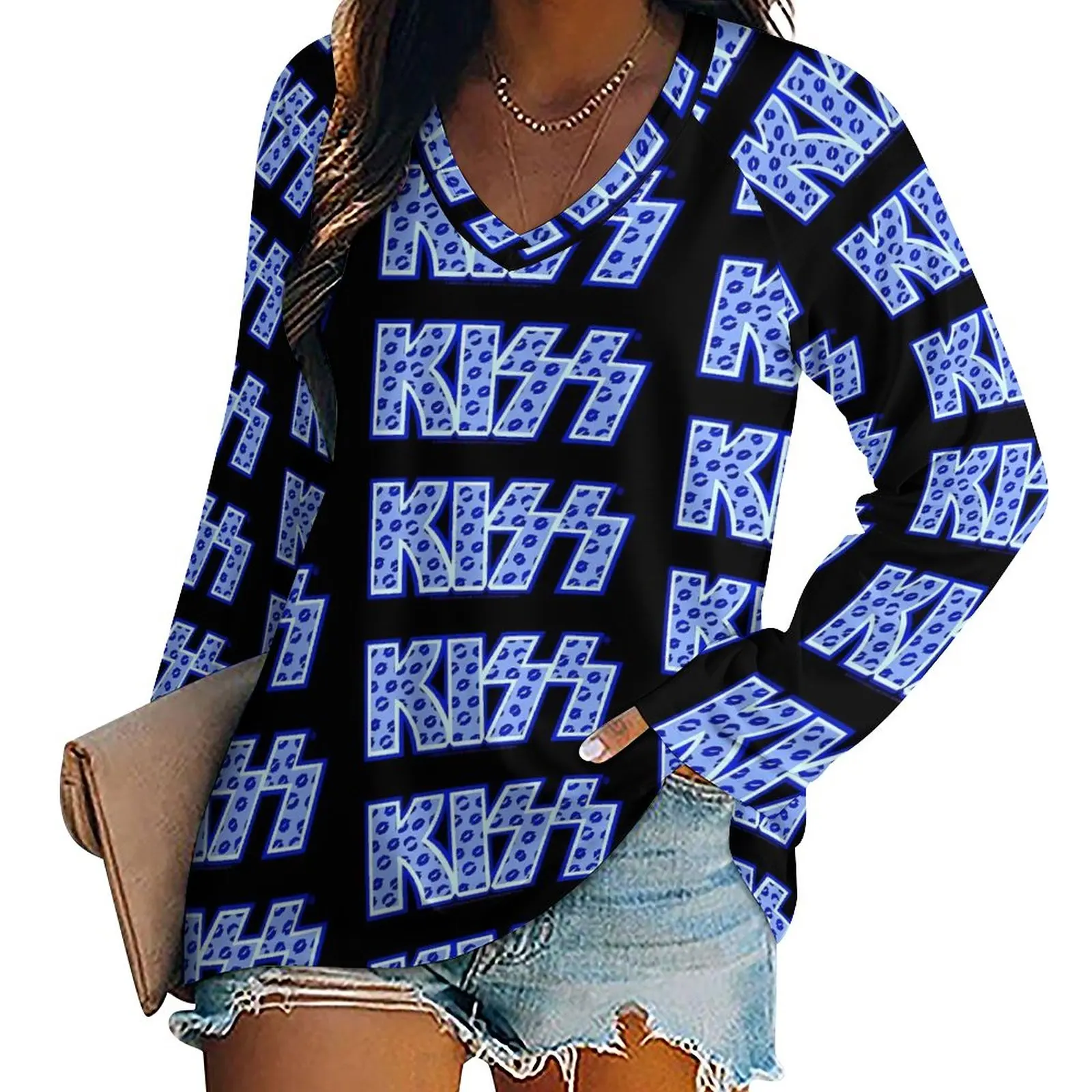 Kiss Band T-Shirts Blue Lips Logo Vintage T Shirt Woman Long Sleeve Streetwear Tops Oversized V Neck Graphic Tees