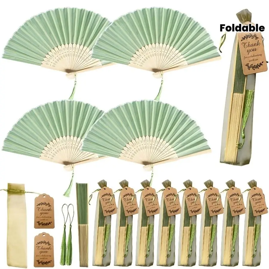 1/5/10/20/50/100pcs Foldable Fabric Hand Fans with Thank-You Cards and Tassels, Gift Bag Included, Green Hand Fans for Weddings