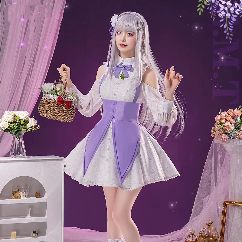 

Горячий костюм для косплея Emilia RE: ZERO - Начало жизни в другом мире, элегантное платье для женщин и девочек, костюм для ролевых игр, костюм для вечеринки в стиле комиксов