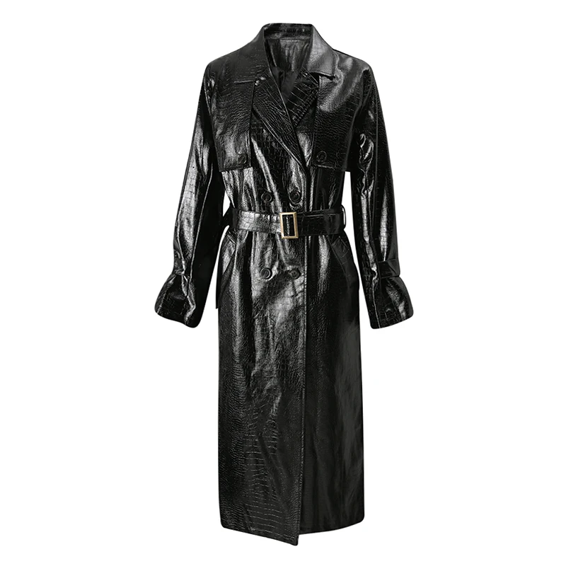 

STUDIO Spring 2026 High-End Texture PU Leather Waist-Cinching Jaet Women's Cool Haome Coat Long Sve Midi Length