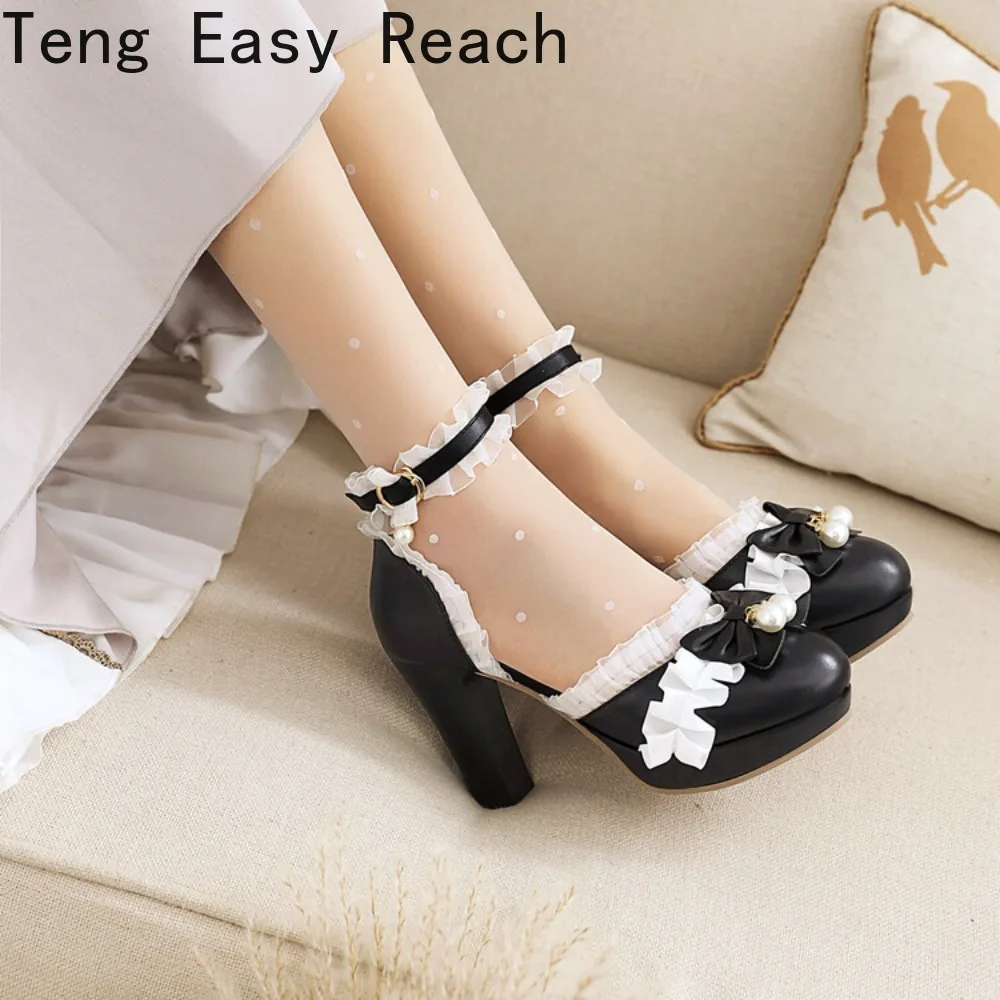 Women High Heels Mary Jane Shoes Party Wedding White Pink Lace Ruffles Sweet Princess Lolita Pumps Dress Sandals Big Size 34-46