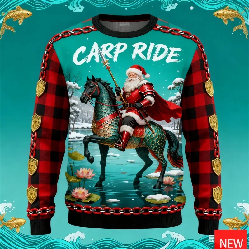 Horse and Santa Claus Themed All-Over Print Ugly Christmas Sweater, Unisex for Men and Women, Holiday Party Top