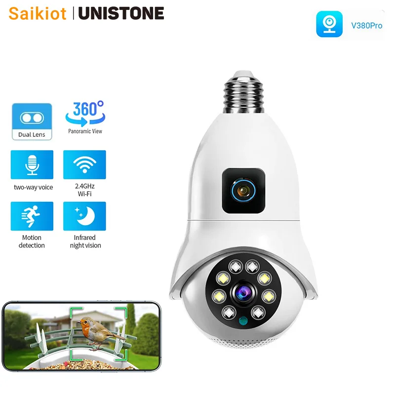 saikiot lampada inteligente sem fio com lente dupla camera wifi camara 360 ptz e27 v380 pro 4mp 8mp 01