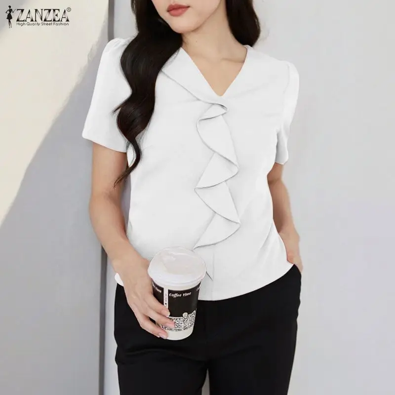 

ZANZEA Short Sleeve Summer Women Blouse Fashion Ruffles Blouses Casual OL Work Party Blusas Streetwear Solid Tops Female Tee