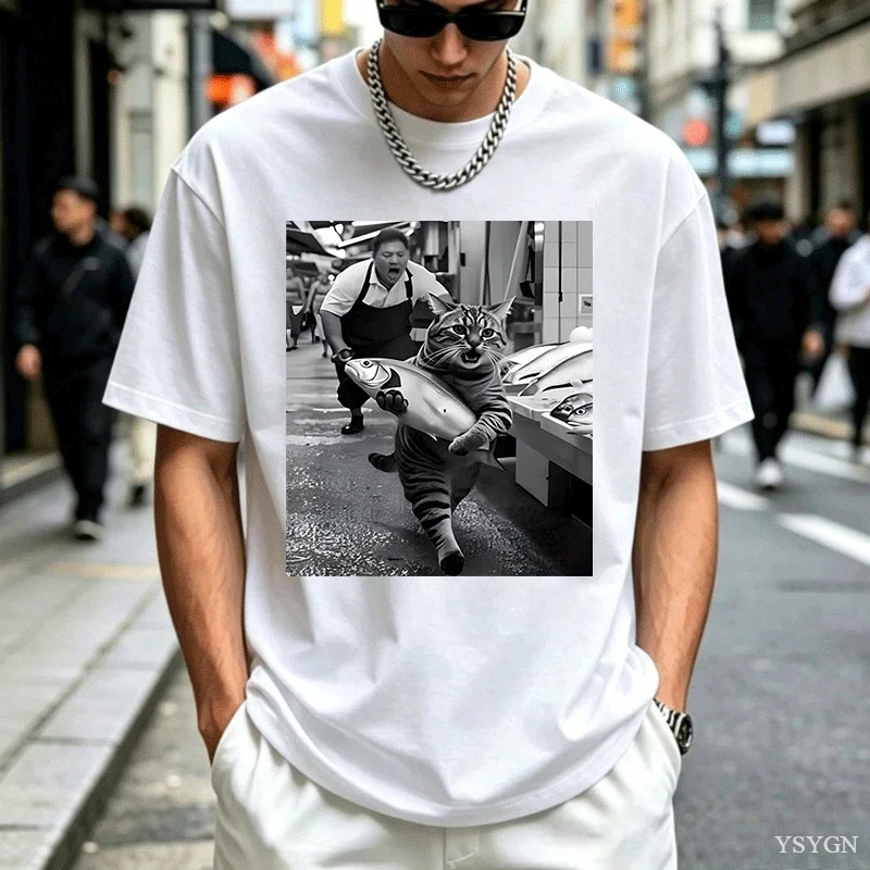 Funny T Shirt Men Women Short Sleeve Vintage Cat Market Vendor Black White Photo Print Breathable Loose Unisex Soft Cotton Tee
