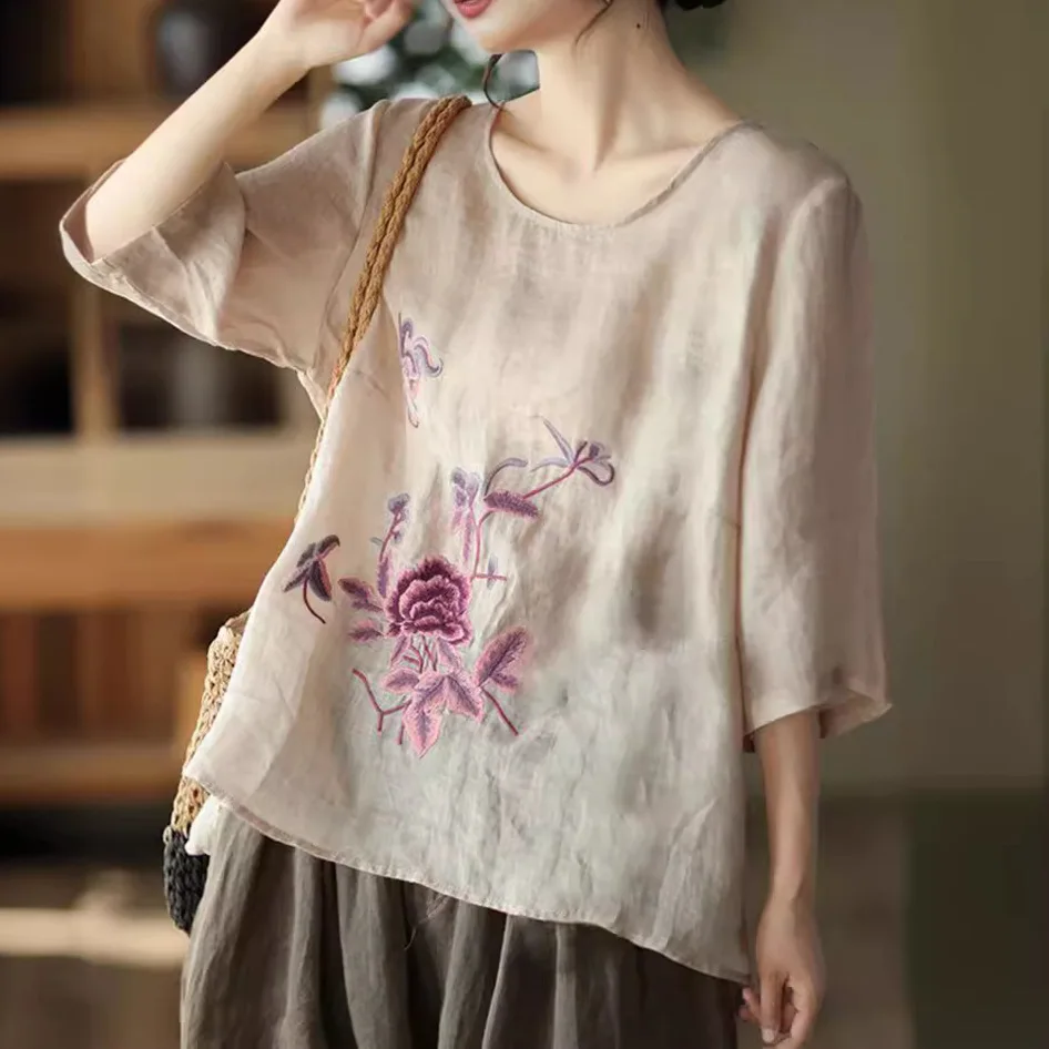 Nueva Blusa de Lino y Algodón Fino para Mujer, Estilo Étnico Clásico de Primavera y Verano, con Bordado Floral Retro Exquisito, Talla Grande