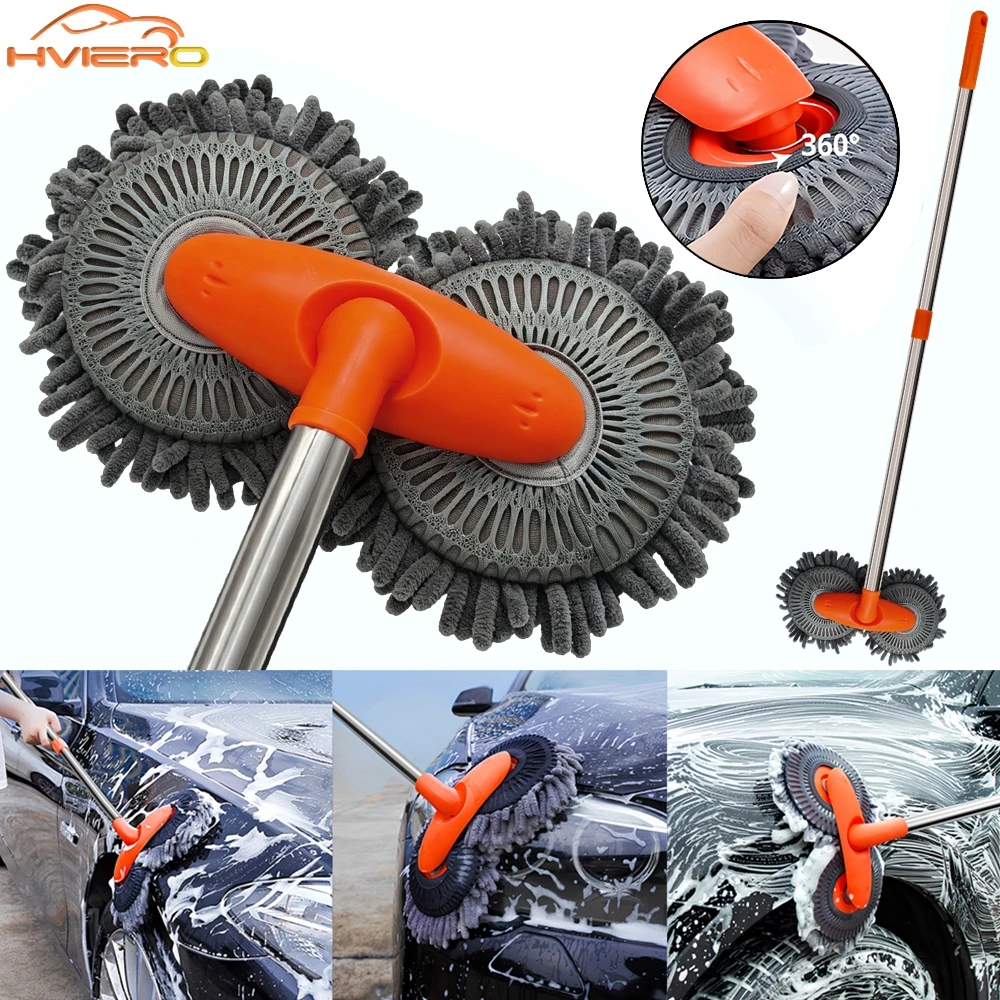 

1pcs Multipurpose Car Cleaning Brush Washer Mop Chenille Double Brushs Head Roof Window Clean Three-Section Telescopic Wash Tool