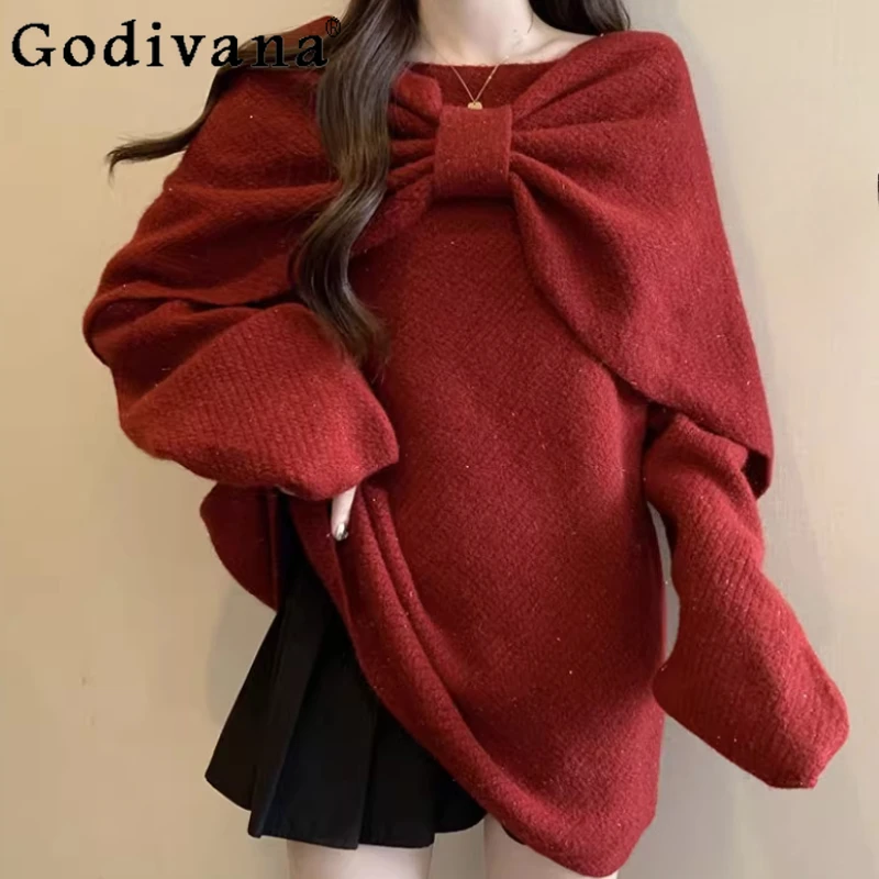

Autumn Large Size Red Loose Long Sleeve Crew Neck Sweater Women Thickened Knitted Medium and Long Sweet Bow Vest Two-piece Sets