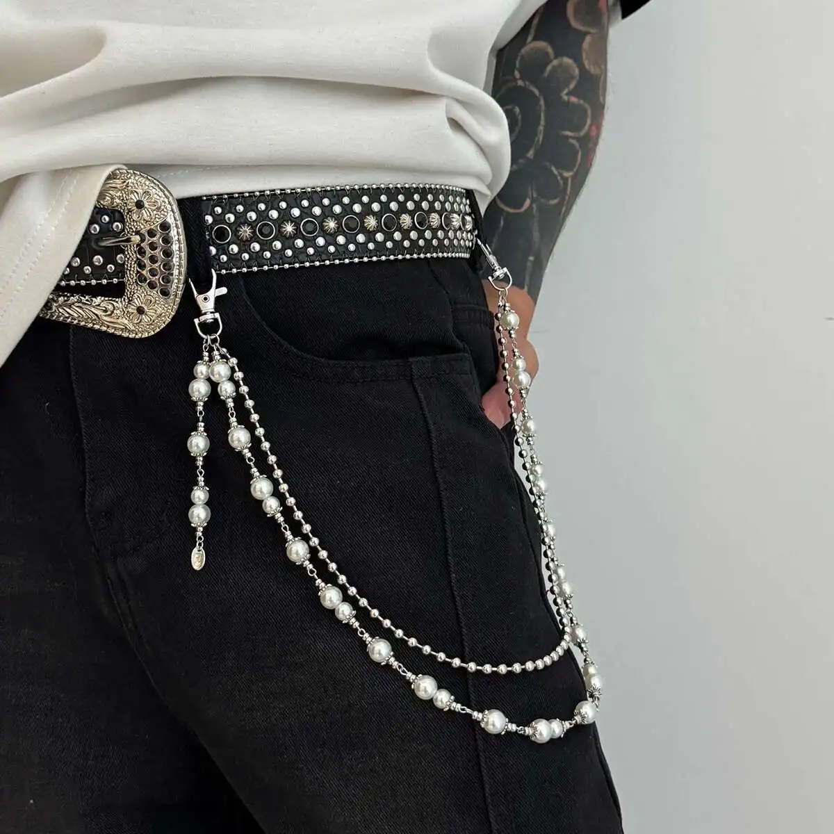Ingemark 2025 Faddish Unique Imitation Pearl Alloy Waist Chain for Men Women Summer Jeans Pants Chain Punk Jewelry Accessories view 3