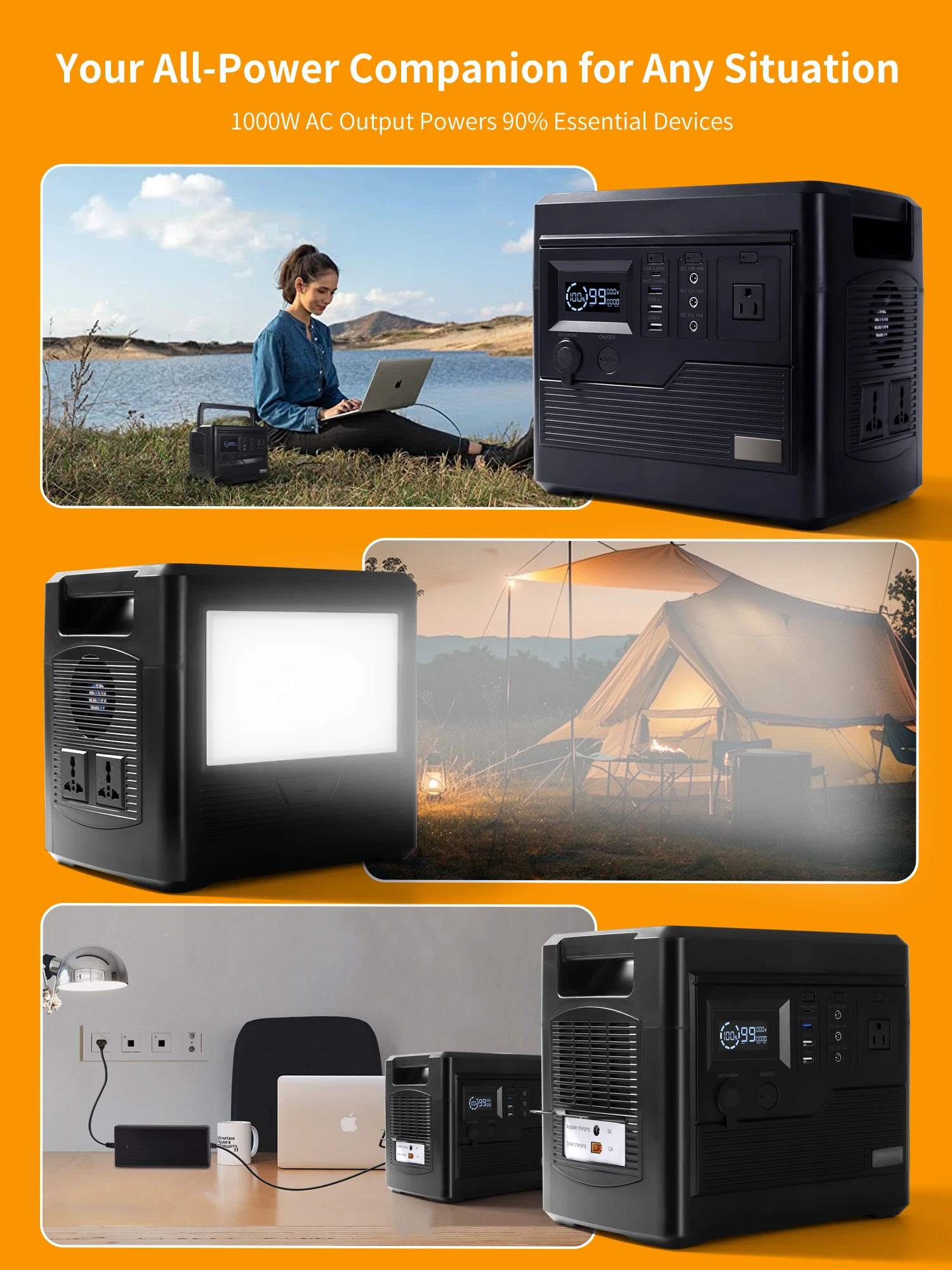 1000W 1000Wh Portable Power Station LiFePO4 Battery Generator, 220V AC Power Station for Camping, RV, Home Backup, Outdoor & Emergency Use