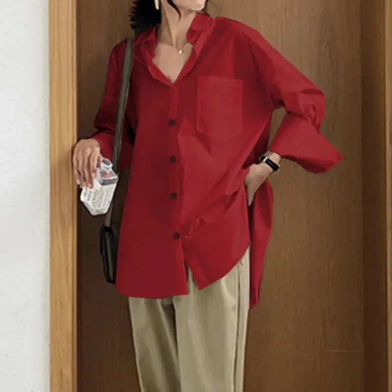 2025 Summer Fashion Women Shirts White Tunics Blouse Long Sleeve Top Casual Solid Button Loose Tops