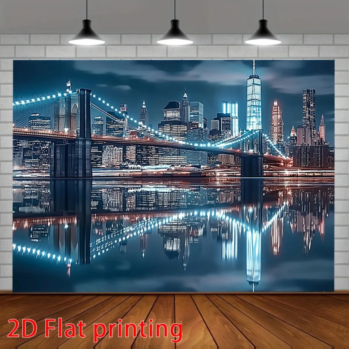 New York City Skyline Brooklyn Bridge Night Reflection 2D Flat Tapestry Backdrop For Living Room Decor Urban Wall Hanging Art