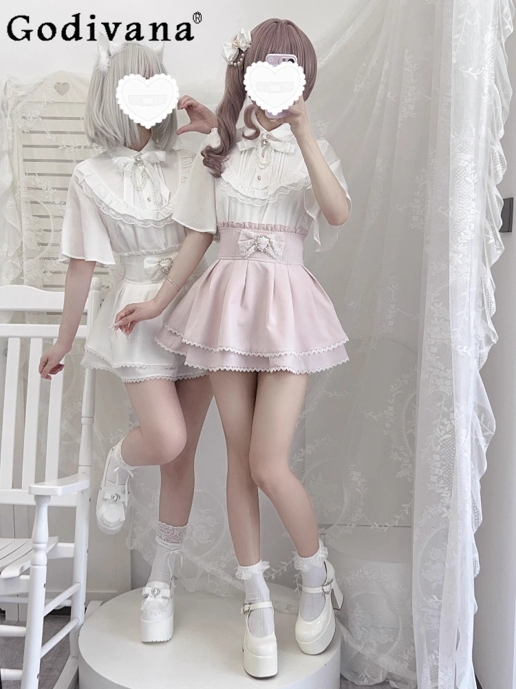 

Japanese Mine Mass-Produced Lolita Shirt and Skirt 2-Piece Set Girls Cute Bow Short Sleeve Shirt Mini Skirt Women's Lo Outfits