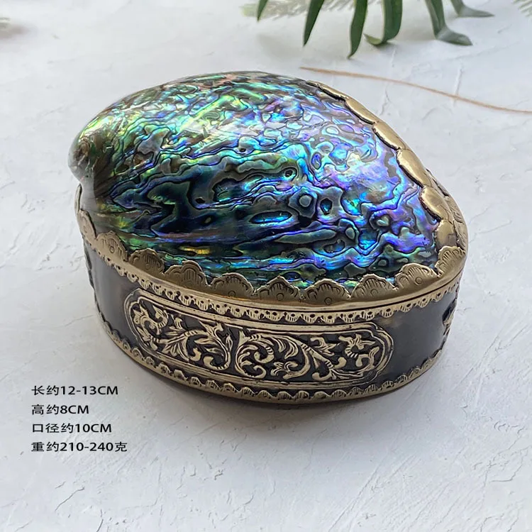 Antique Abalone Shell Jewelry Box Handmade Carved Brass Storage Case Iridescent Seashell Trinket Organizer