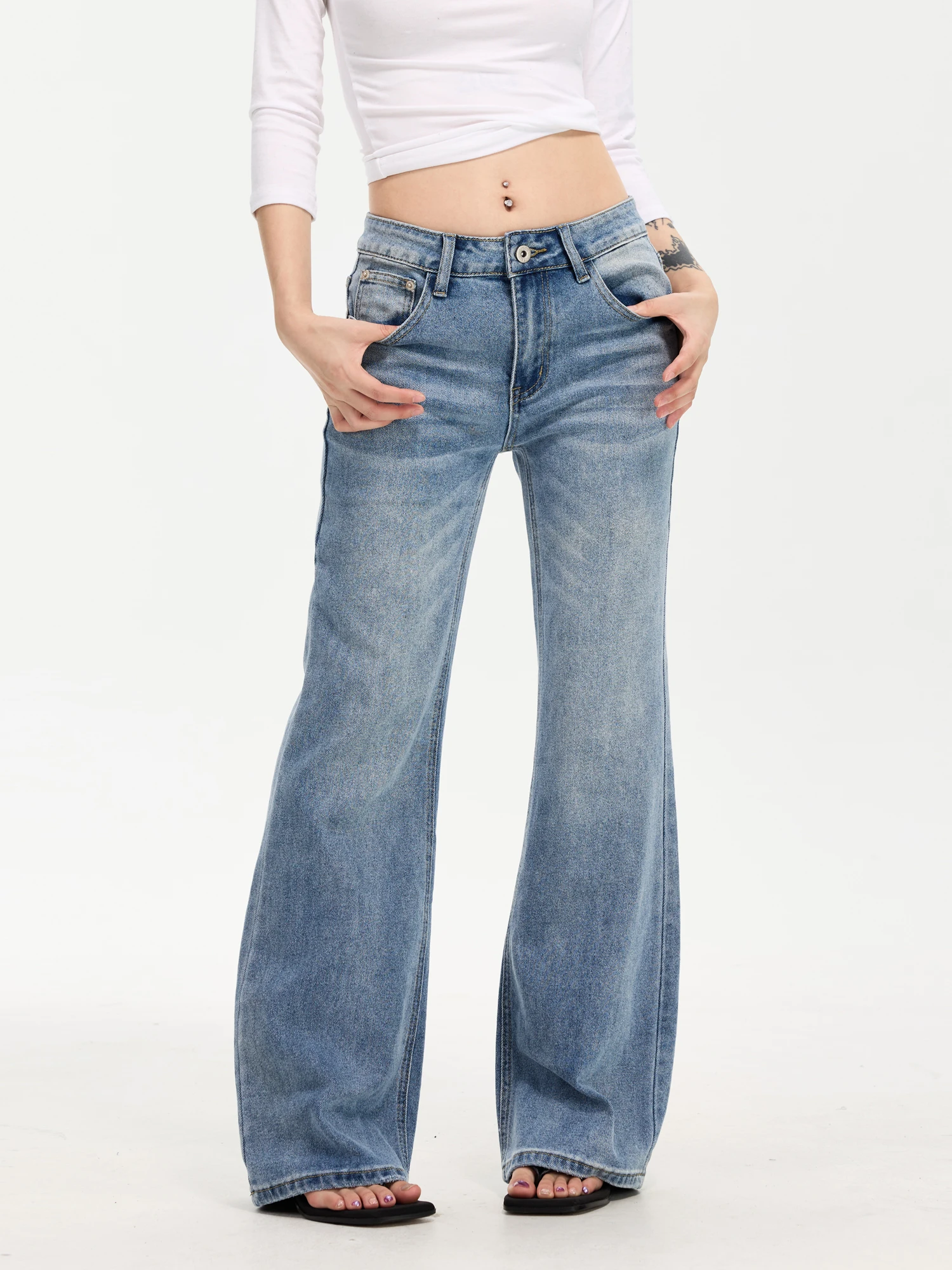 Yeboon American Low Waist Sexy Girl Jeans Women's Retro Flared Slimming Long Pants Washed Light Blue Jeans Cotton Polyester B...