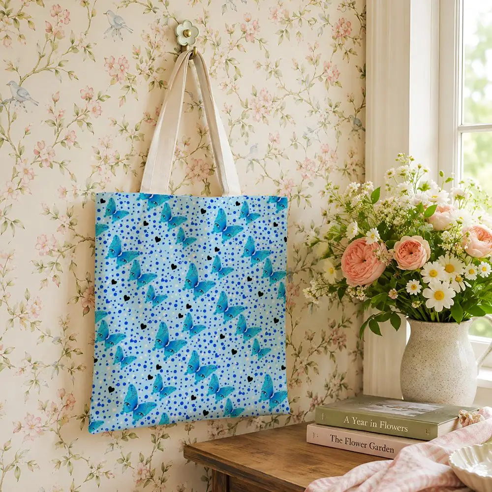 Y2K Blue Butterfly Eyes Canvas Tote Bag Versatile Storage for Shopping Work School Travel Daily Carry
