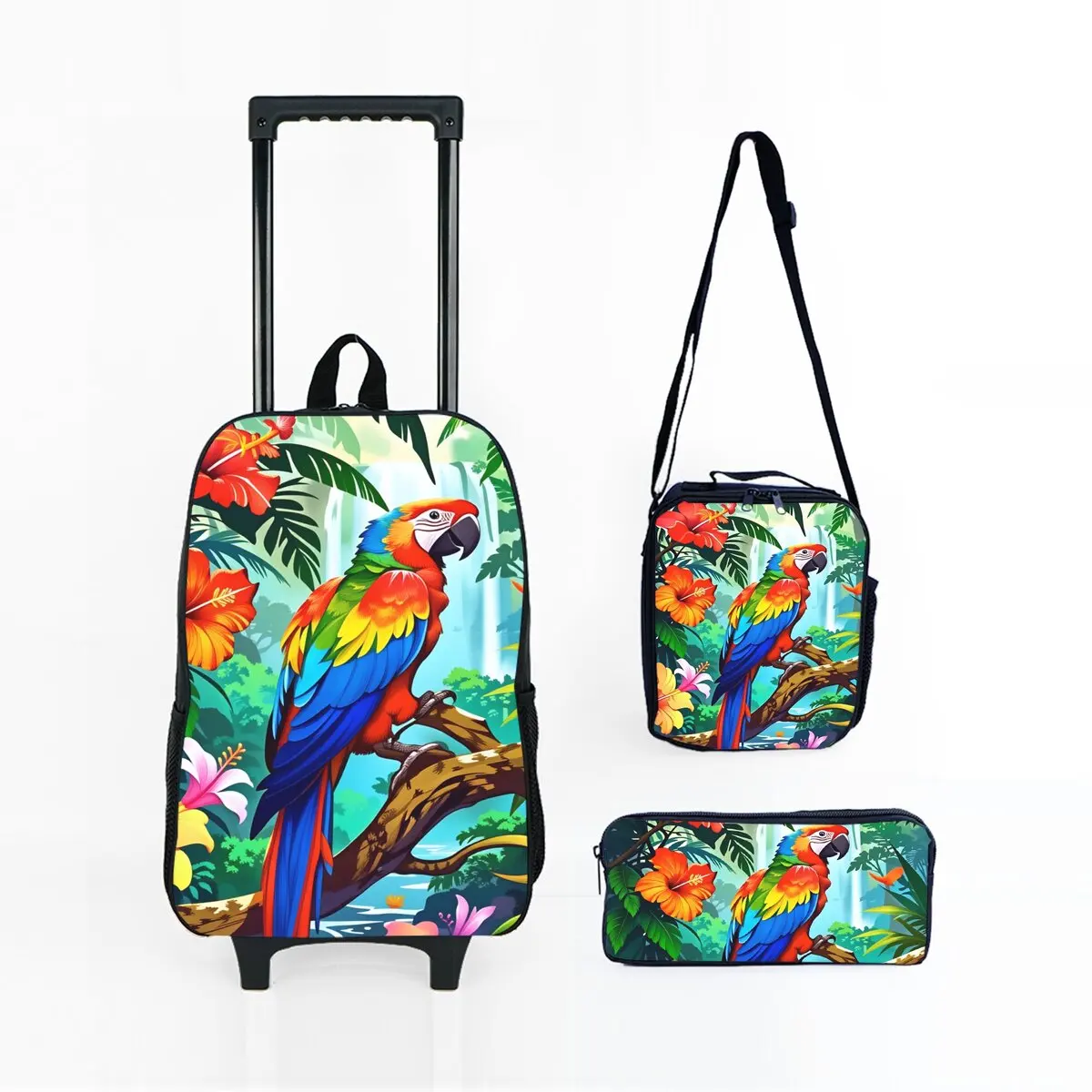 

Набор школьных сумок на колесиках с принтом разноцветных попугаев: рюкзак-тележка, сумка для обеда и пенал для девочек/мальчиков