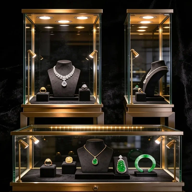 custom.LED Glass Jewelry Display Showcase Stainless Steel Jewellery Cabinet Retail Shop Display Counter Necklace Ring Gemsto