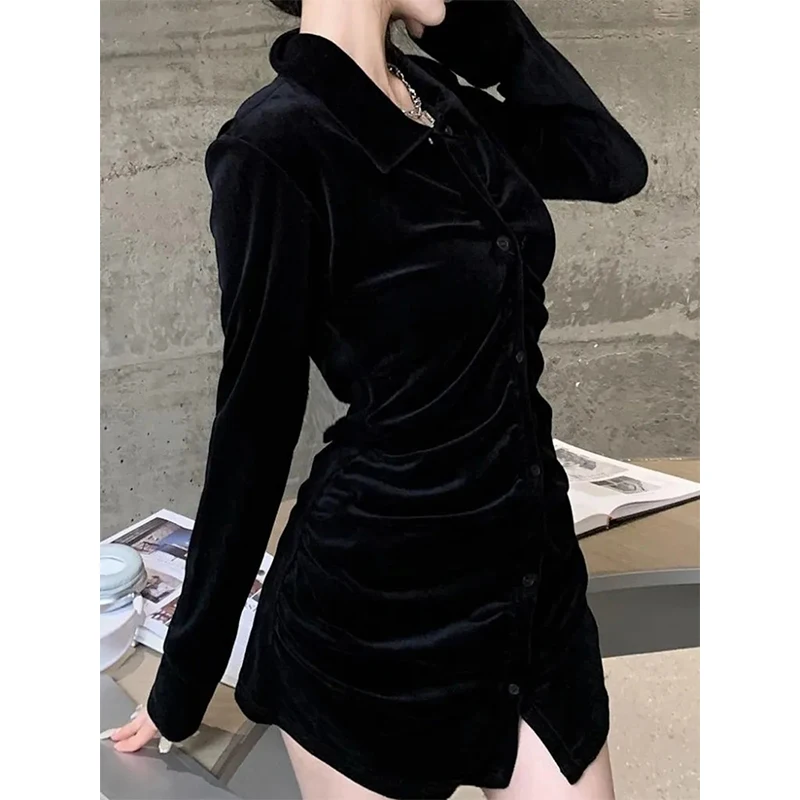 Vintage Black Velvet Shirts Women Elegant Pleated Blouses Korean Folds Turn Down Collar Long Sleeve Slim Chic Casual Tops New