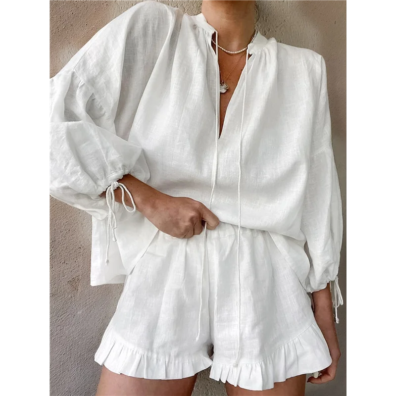 ABP-Damen-Shorts-Set, zweiteiliges, langärmliges Bindeoberteil und gerüschte Boxershorts, passendes Freizeit-Set