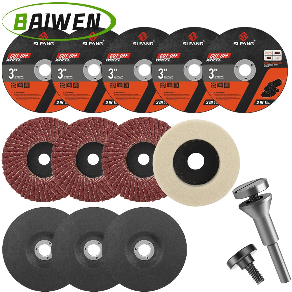 

12pcs 3inch Metal Cutting Disc Flap Discs Wool Polishing Wheel Grinding Wheel+1pc Mounting Mandrel For Angle Grinder Attachment