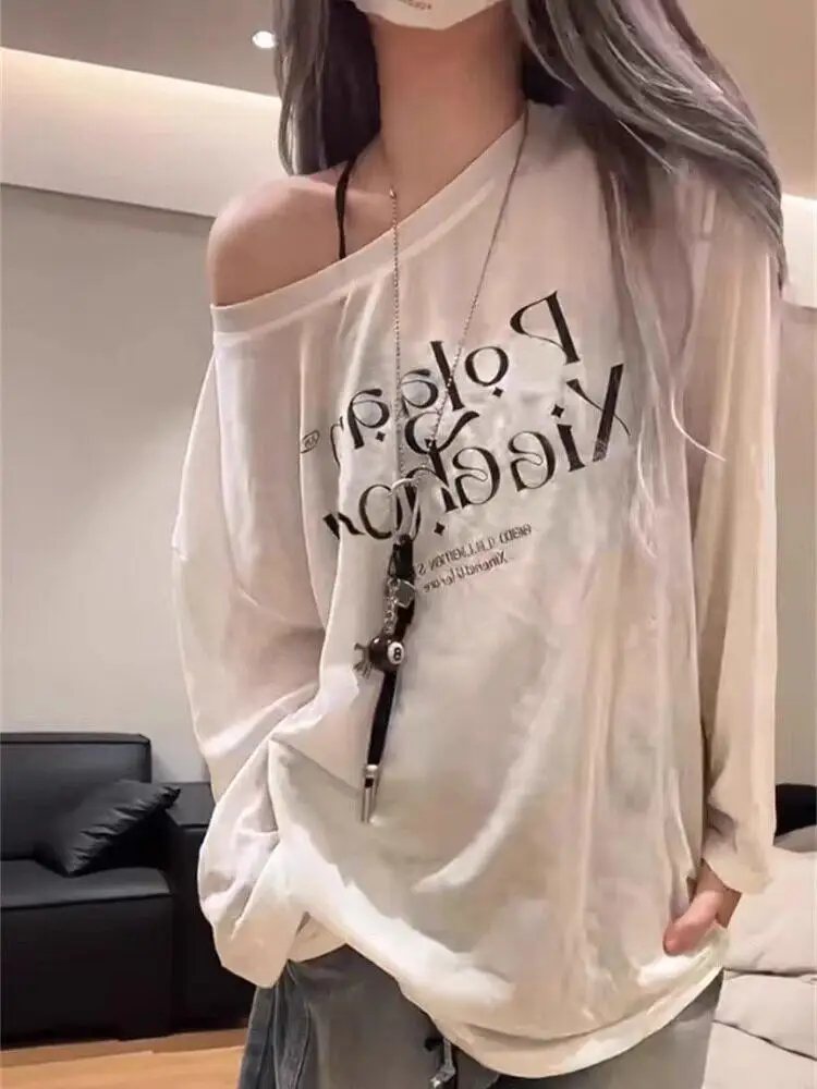 Loose Korean Style Sun Protection Shirt T-Shirt Women Summer Chic Transparent Shoulder Baring Top Breathable Comfortable