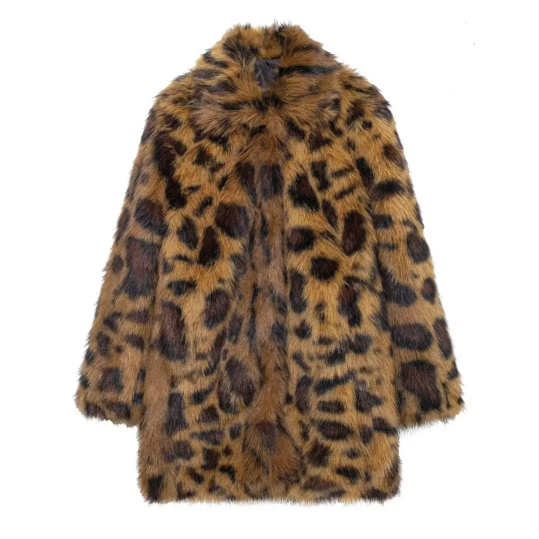 TRAFZA Woman Warm Faux Fur Effect Jacket Coat 2024 Women Winter Leopard Turn Down Collar Single Breasted Long Sleeve Jacket