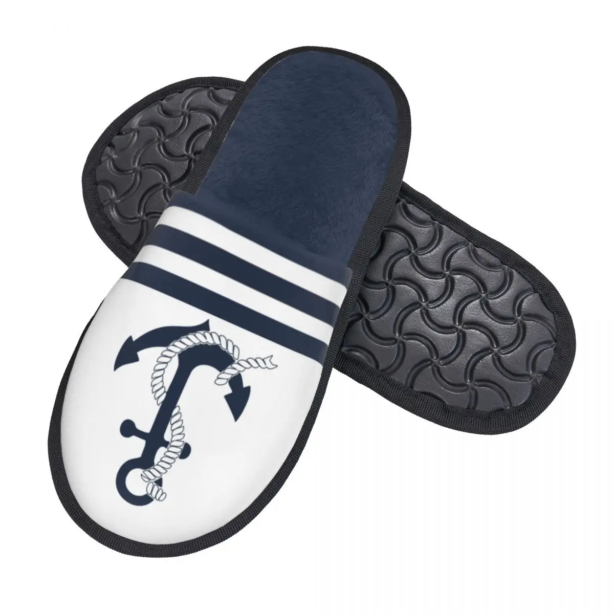 Custom Nautical Blue Anchors With Stripes Soft Memory Foam House Slippers Women Sailing Sailor Comfy Warm Anti-Skid Slipper