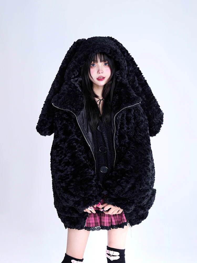 Harajuku Subculture Punk Kawaii Black Plush Jacket Autumn Winter New Girl's Sweet Cool Gothic Loose Gothic Faux Fur Jacket