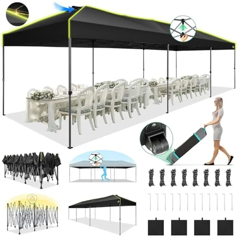 10x30 Pop Up Canopy with Glow Strips and 3 Height Settings Waterproof Upgraded Design Outdoor Events UPF50 Protection Commercial