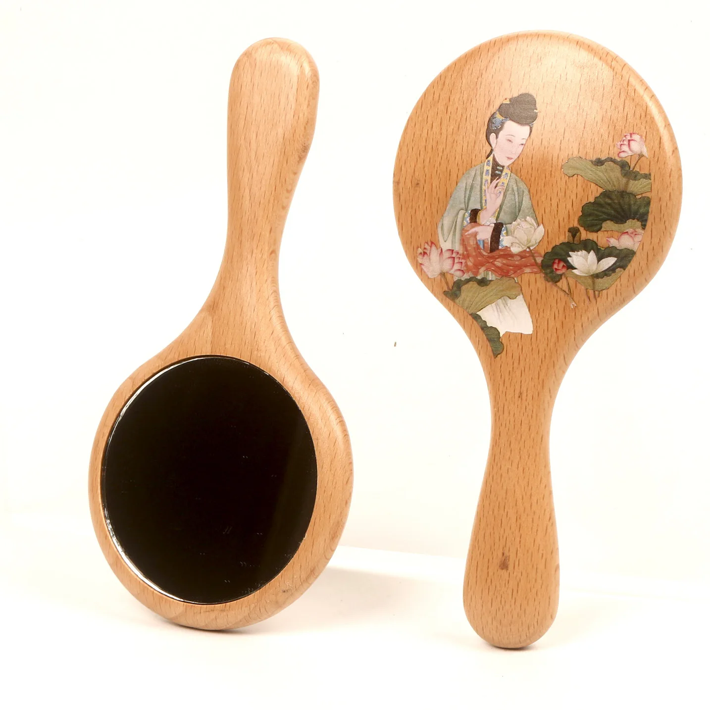 Beech Wood Handle Mirror, Ancient Beauty Picture Mirror, Portable Makeup Remover, Beauty and Makeup Mirror