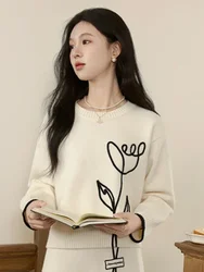 ALXNAN Women's Gentle Apricot Sweaters Three-dimensional Tulip Plate Flowers O-neck Long Sleeve Jumper 2024 Autumn Winter L50912