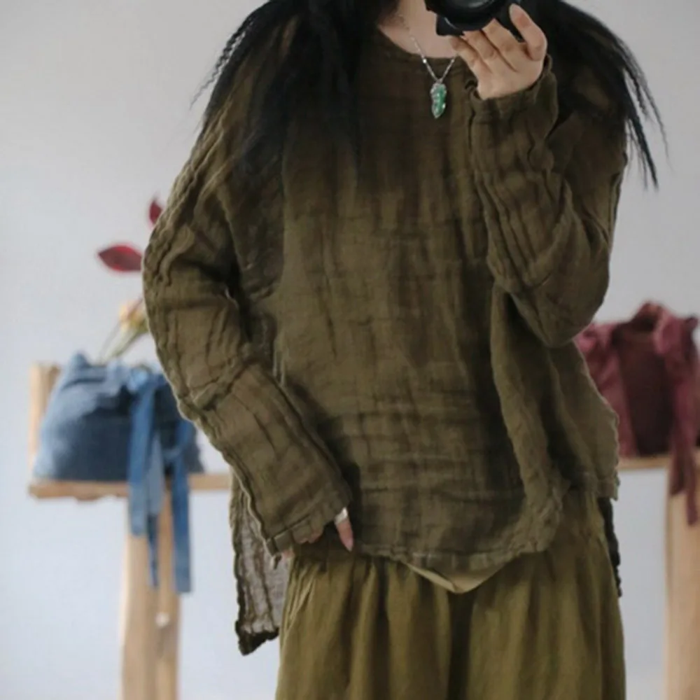 

Design Sense Sparse-Textured Wrinkled Linen Shirt Women Cool Refreshing Summer Casual Sun-Protective Loose Peasant Tops High Low